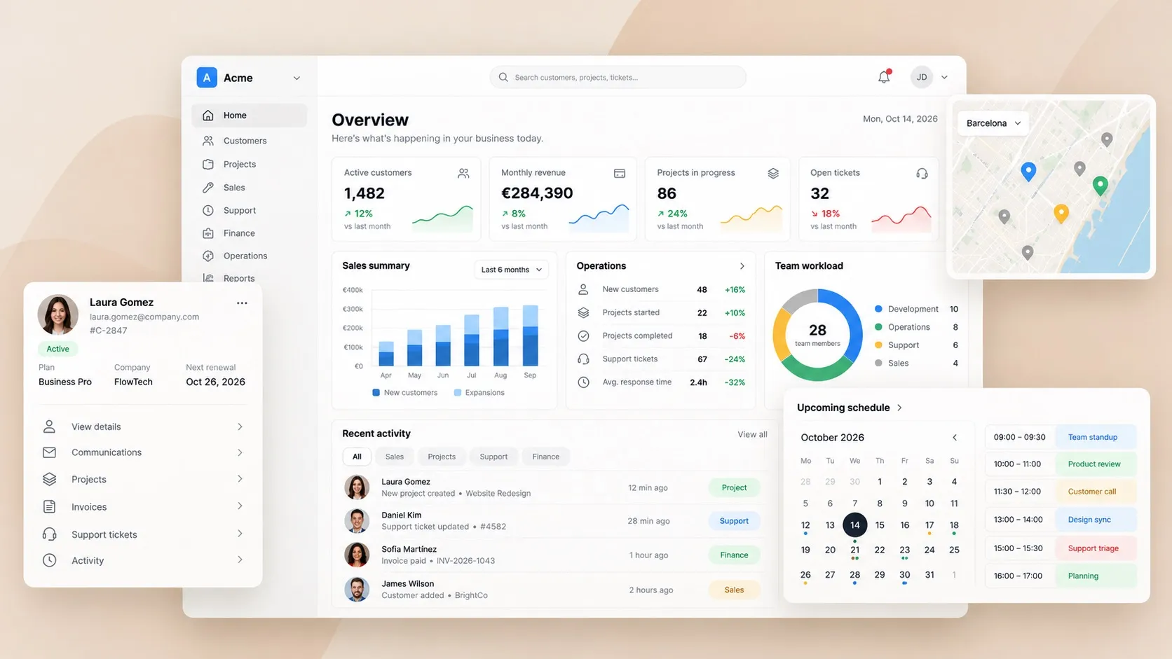 A custom company operating system: dashboard with customers, revenue, operations, team workload and schedule in one app